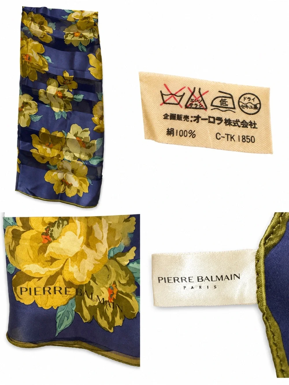 Pierre Balmain Blue Floral Silk Scarf with Yellow Blooms